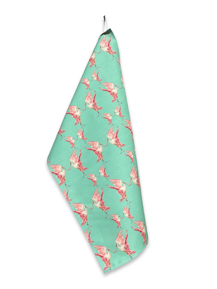 Kitchen Towel - Roseate Spoonbill on Teal Linen Cotton