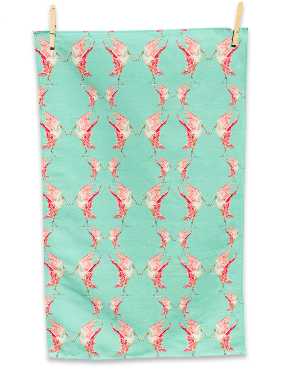Tea Towel - Roseate Spoonbill on Teal Linen Cotton