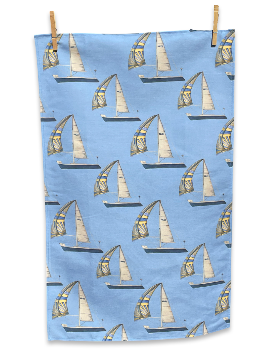 Tea Towel - Sailboat on Blue Linen Cotton