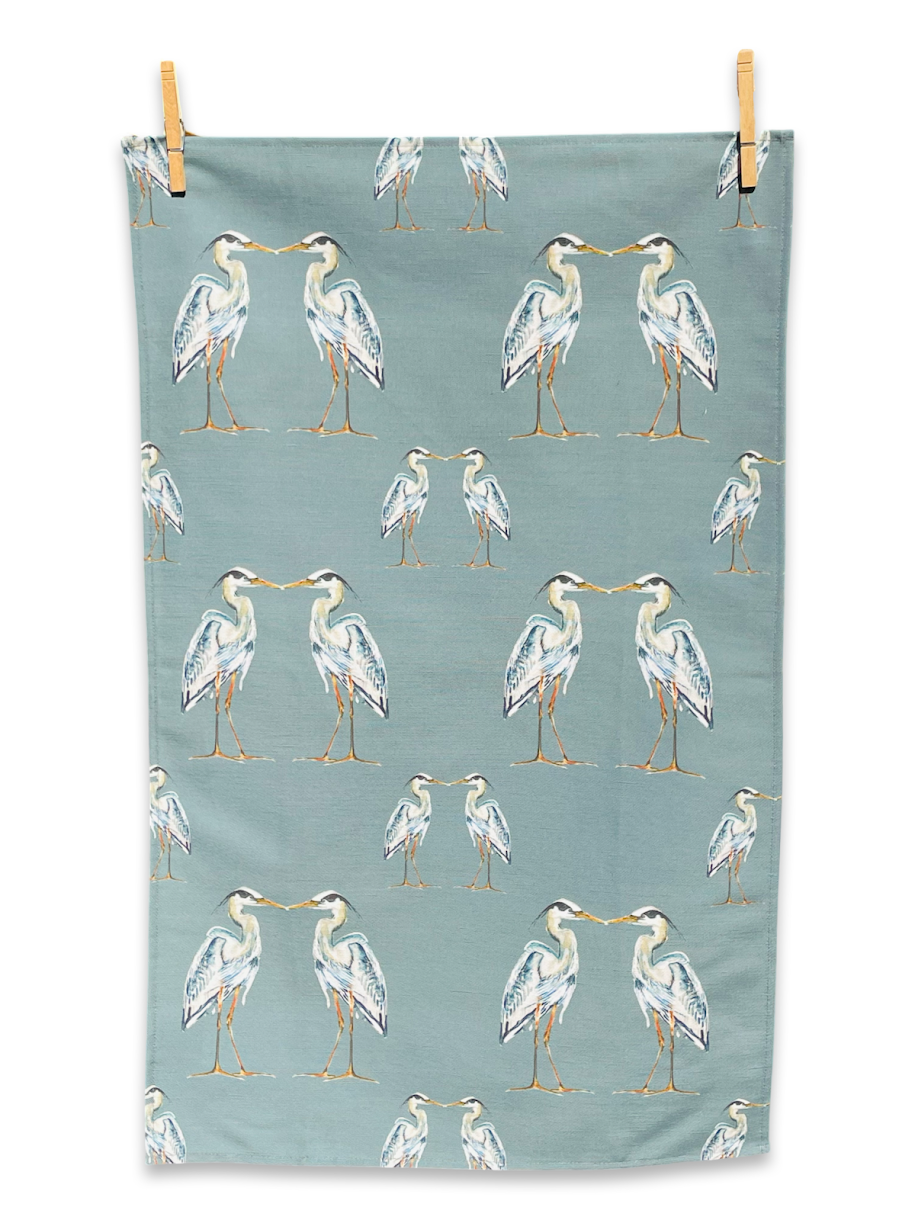Tea Towel - Heron on Jade Green Linen Cotton