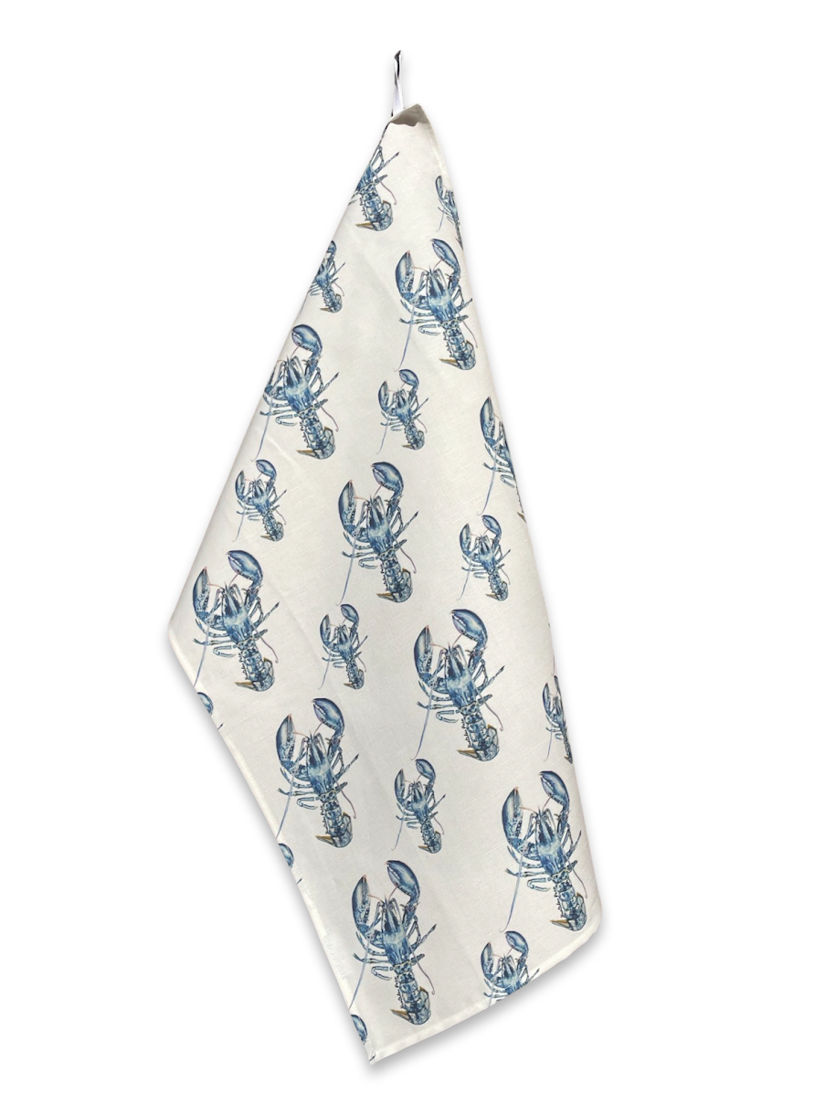 Tea Towel - Lobster Repeat on White Linen Cotton