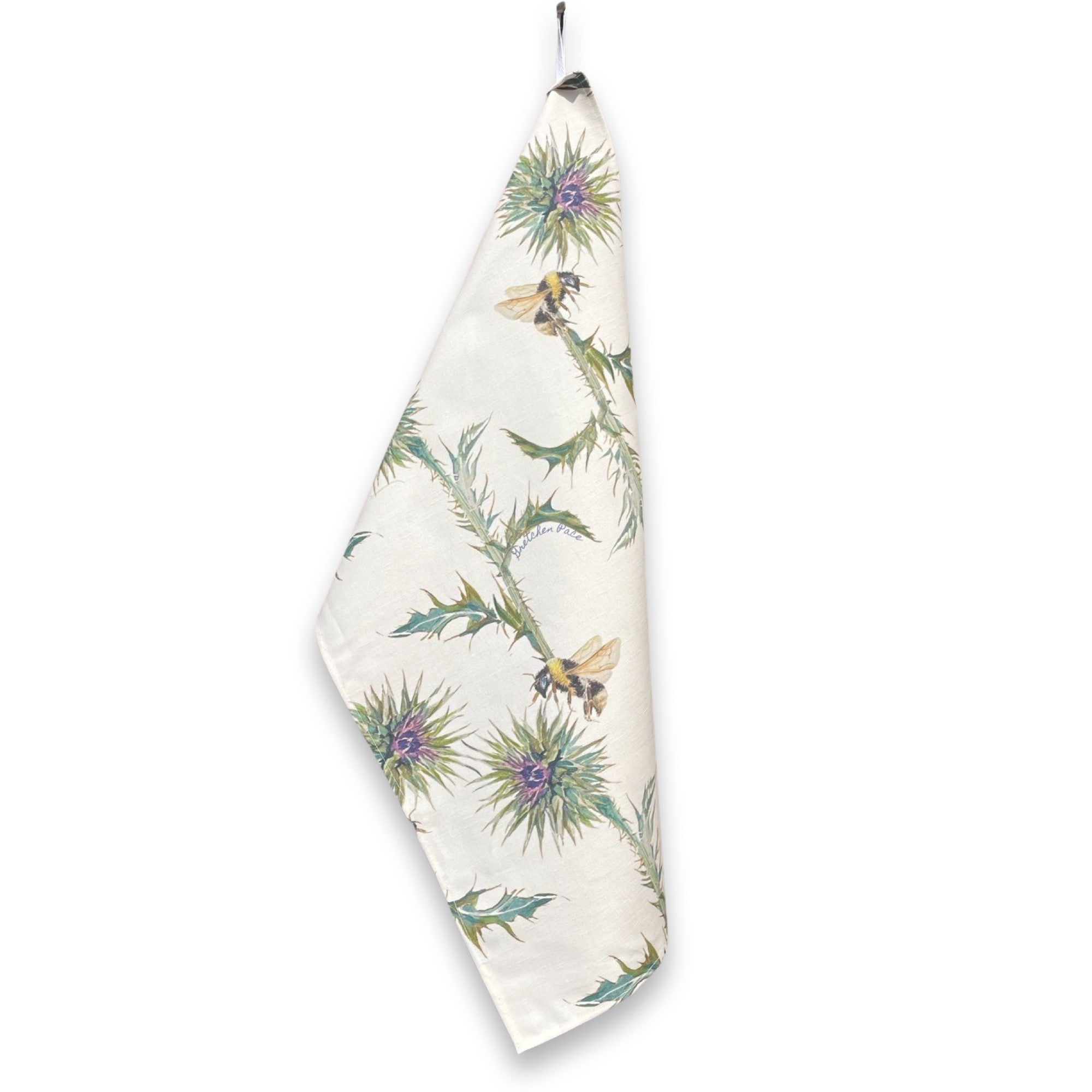 Kitchen Towel - Thistle on White Linen Cotton