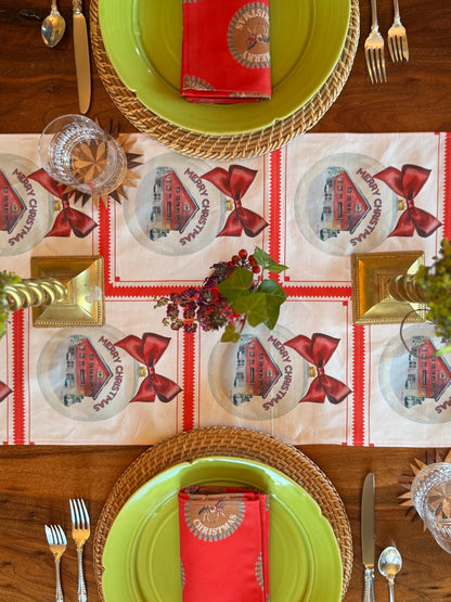 Table Runner - Merry Christmas Snowy Barn on Red