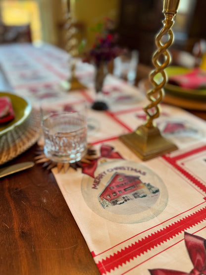 Table Runner - Merry Christmas Snowy Barn on Red