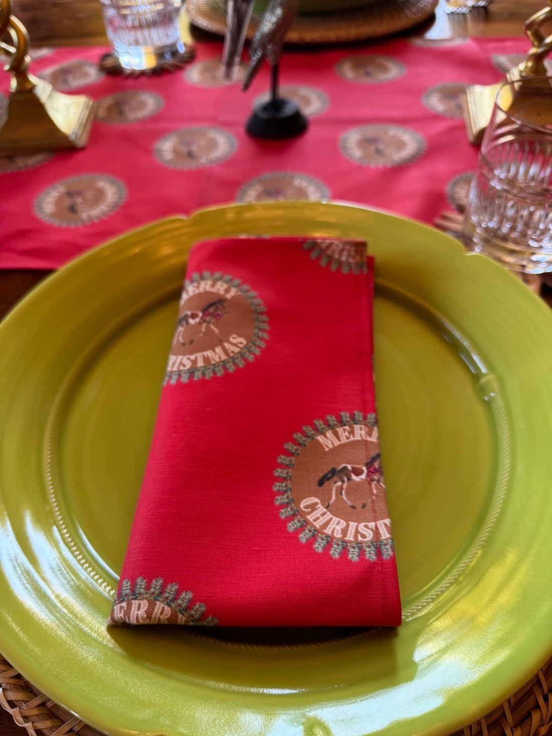 Cloth Napkins - Merry Christmas Pony on Red Linen Cotton (Set of 4)