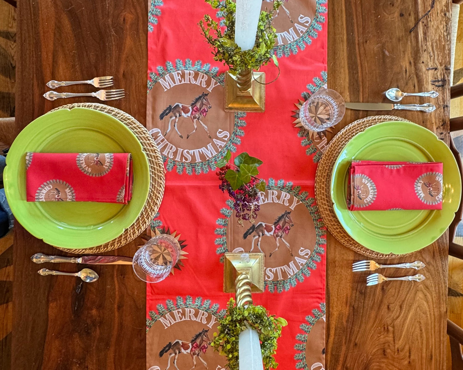 Cloth Napkins - Merry Christmas Pony on Red Linen Cotton (Set of 4)