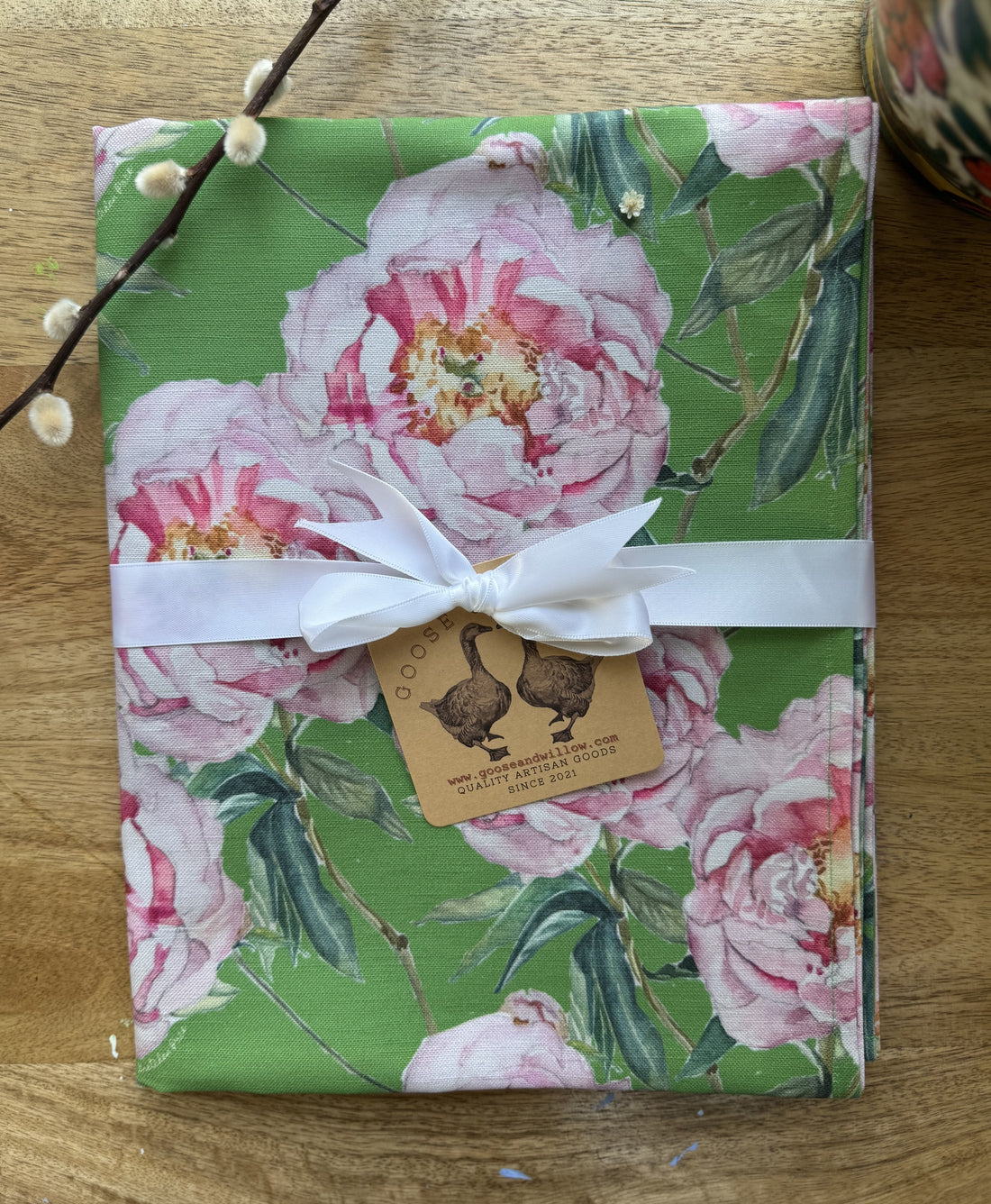 Table Runner - Light Pink Peony Repeat on Bright Green Linen Cotton