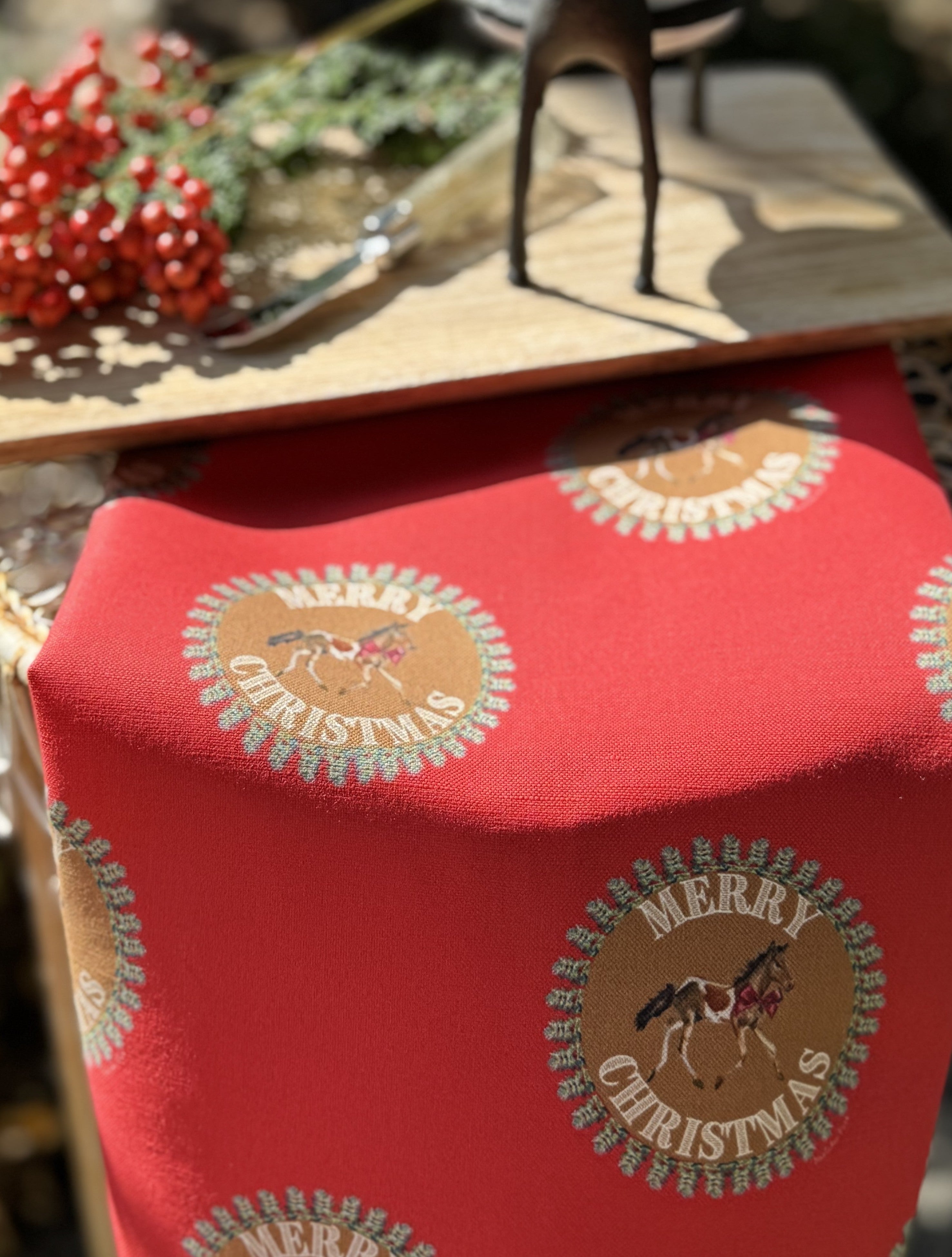 Tea Towel - Merry Christmas Pony on Red Linen Cotton