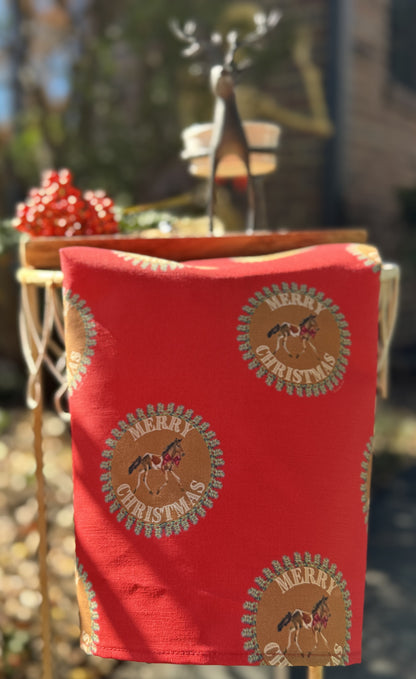 Tea Towel - Merry Christmas Pony on Red Linen Cotton