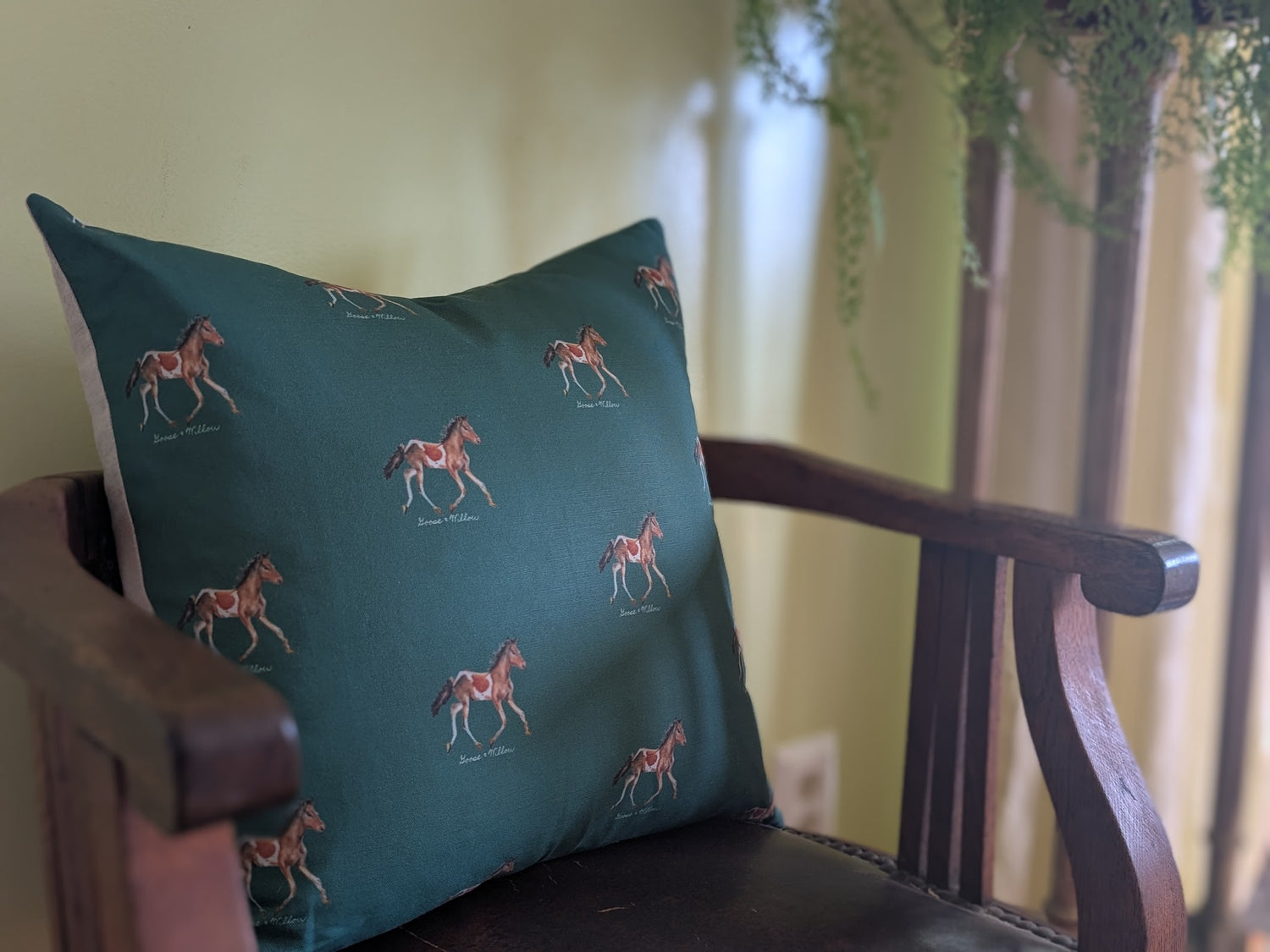 Throw Pillow - Chincoteague Pony Repeat on Green Linen Cotton