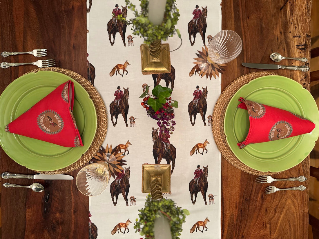 Table Runner - The Hunt on White Linen Cotton