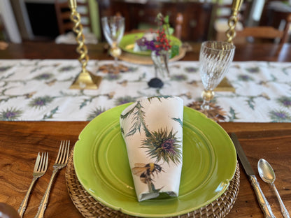 Cloth Napkins - Thistle with Bee Repeat on White Linen Cotton