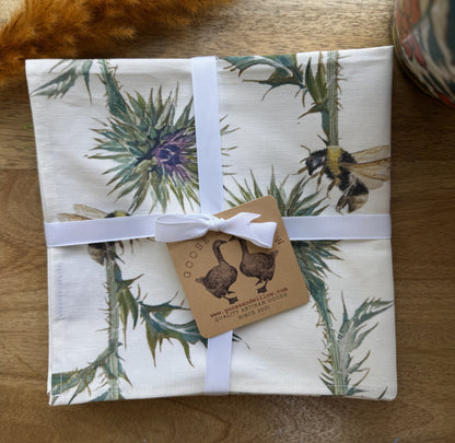 Cloth Napkins - Thistle with Bee Repeat on White Linen Cotton