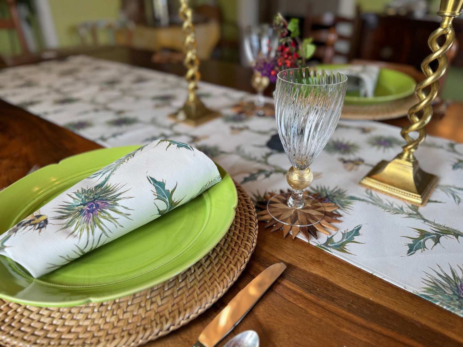 Table Runner - Thistle with Bee Repeat on White Linen Cotton
