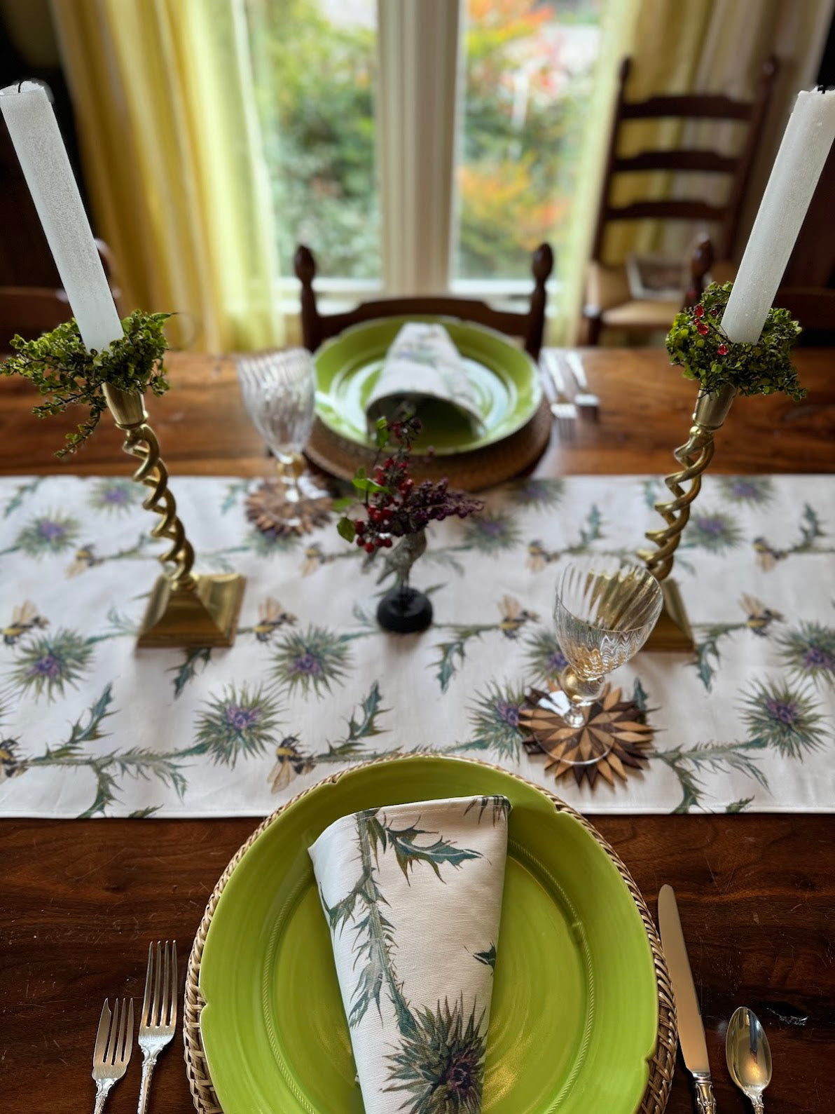 Table Runner - Thistle with Bee Repeat on White Linen Cotton