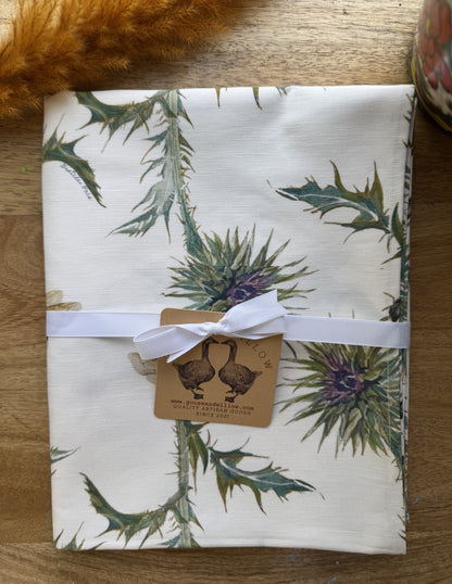 Table Runner - Thistle with Bee Repeat on White Linen Cotton