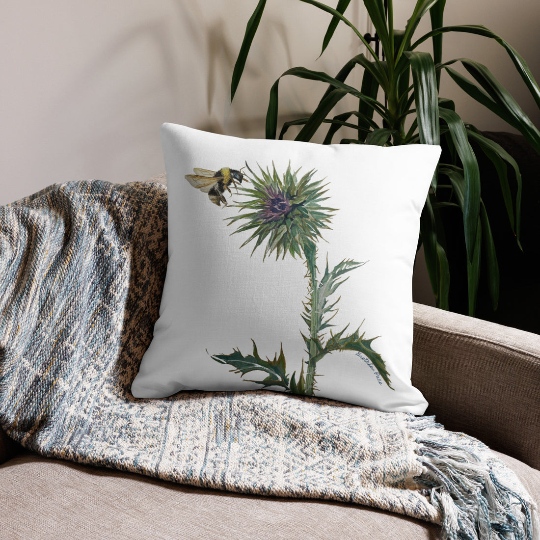 Throw Pillow - Thistle and Bumble Bee on White Linen Cotton