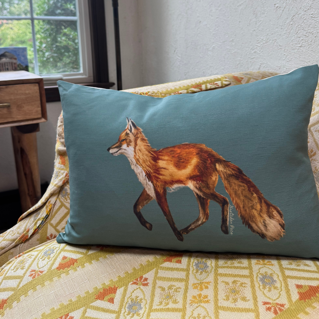 Throw Pillow - Fox on Green Linen Cotton Lumbar