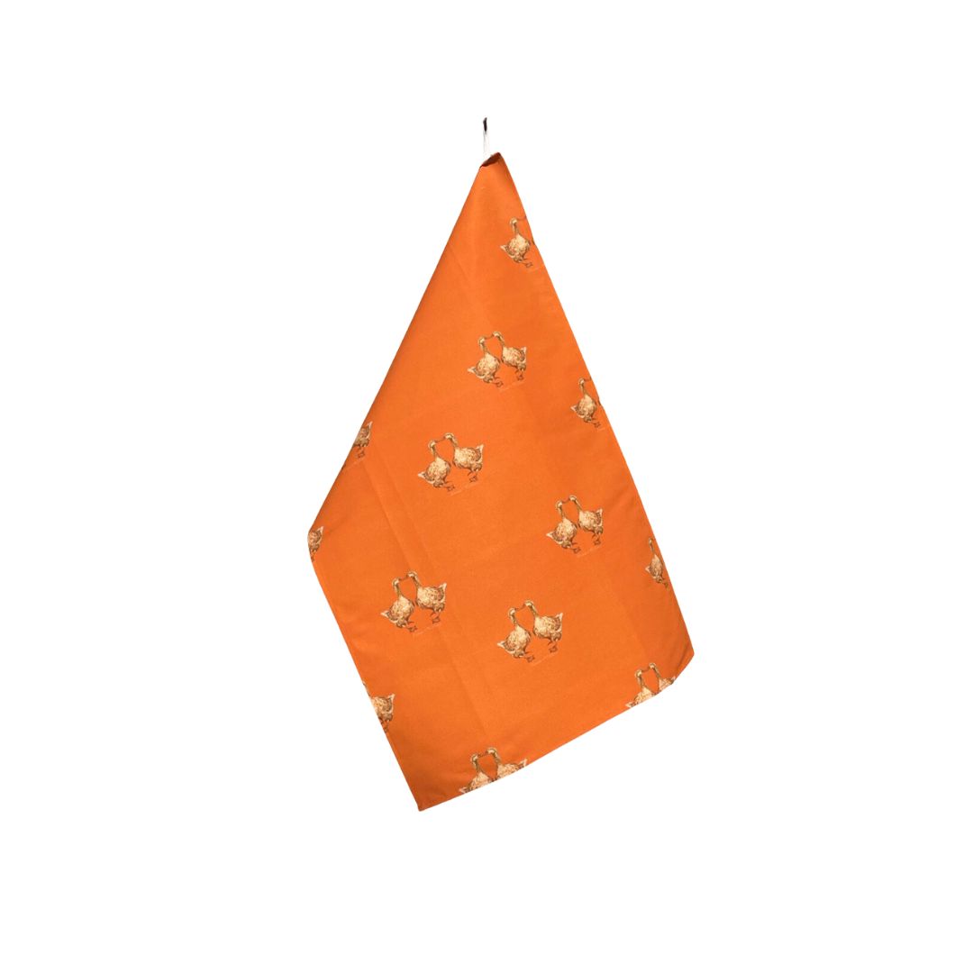 Tea Towel - Kissing Geese Repeat on Burnt Orange Linen Cotton