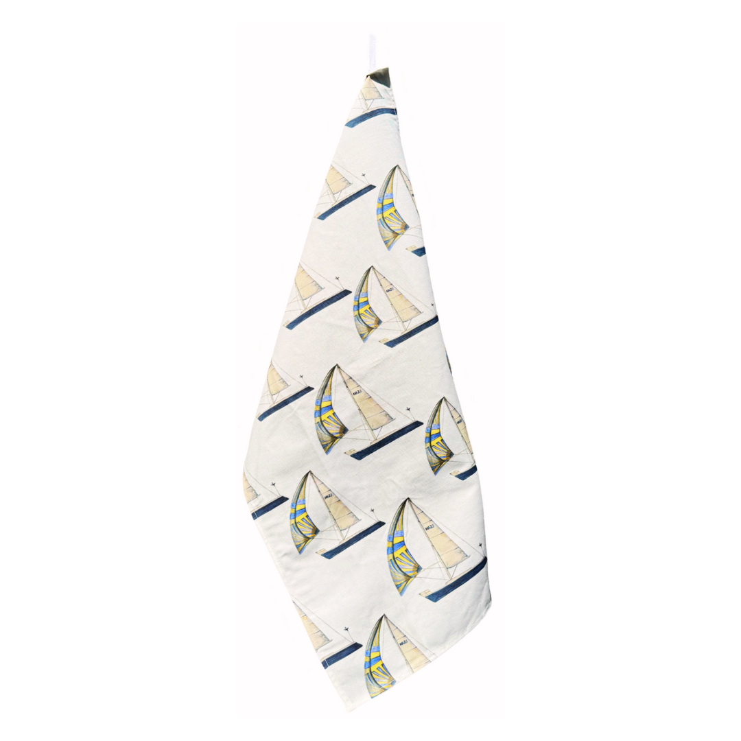 Tea Towel - Sailboat on White Linen Cotton