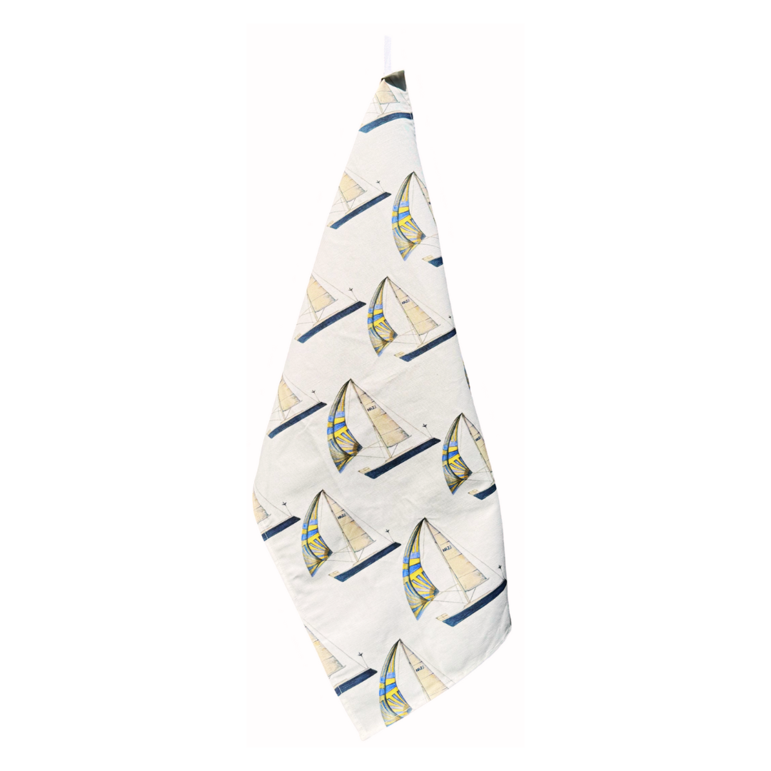 Kitchen Towel - Sailboat on White Linen Cotton