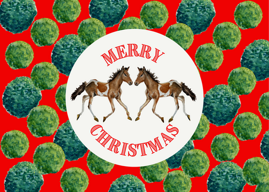 Christmas Card - Kissing Pony on Green and Red