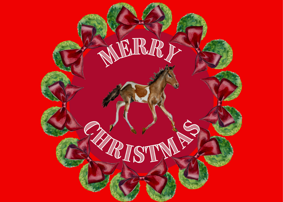 Christmas Card - Pony with Wreath on Red