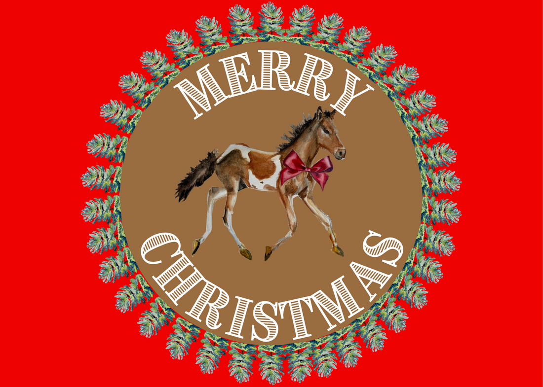 Christmas Card - Pony on Brown and Red