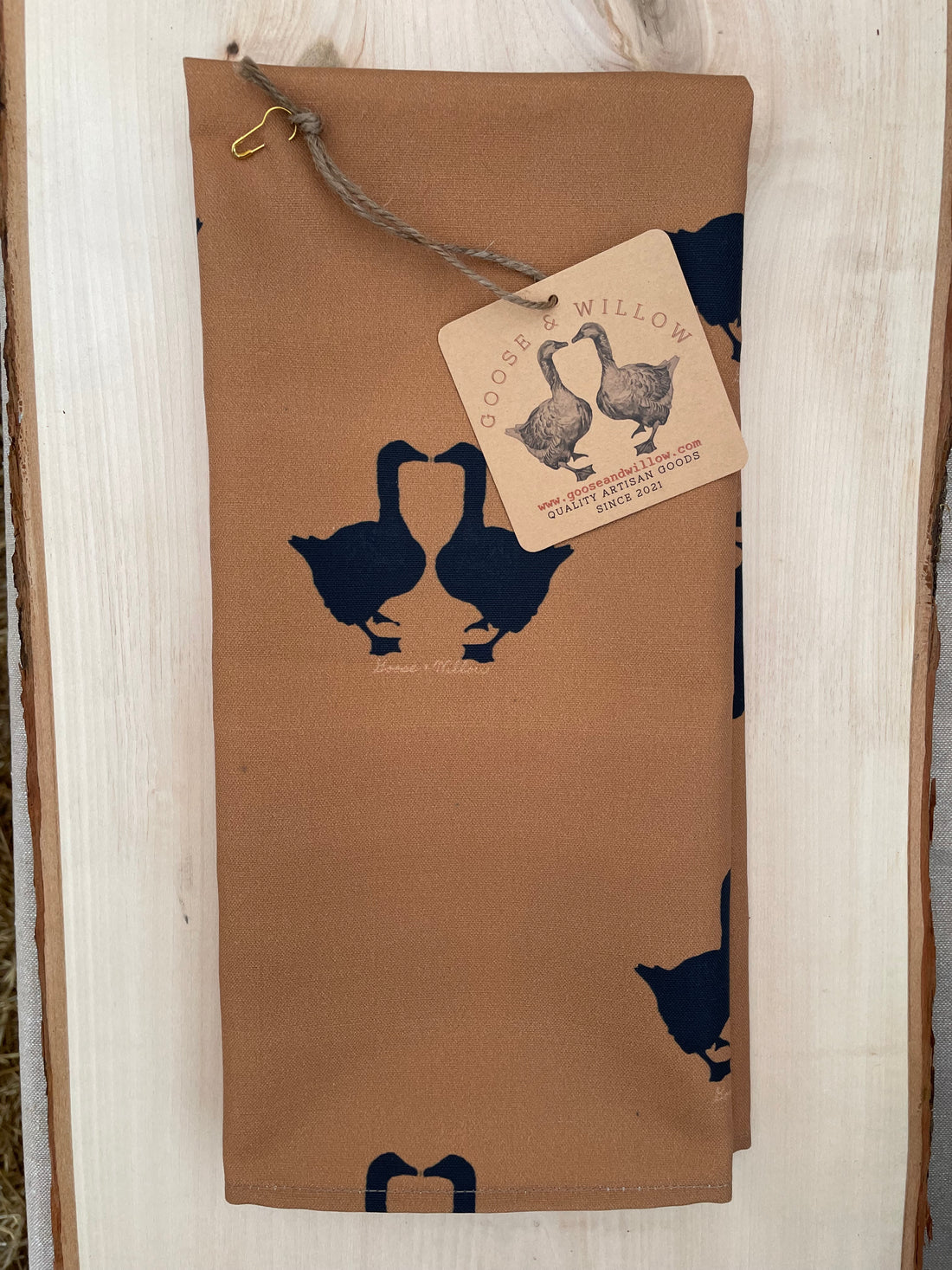 Tea Towel - Kissing Geese on Brown Linen Cotton