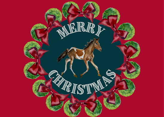 Christmas Card - Pony with Wreath on Green