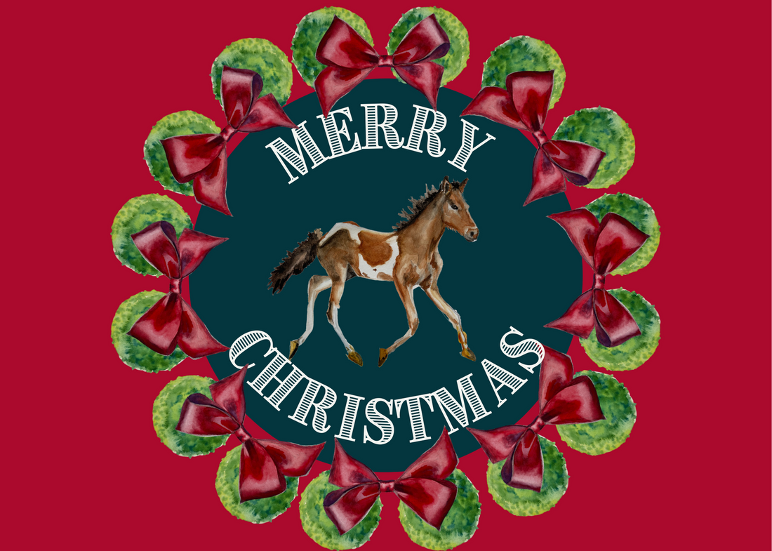 Christmas Card - Pony with Wreath on Green