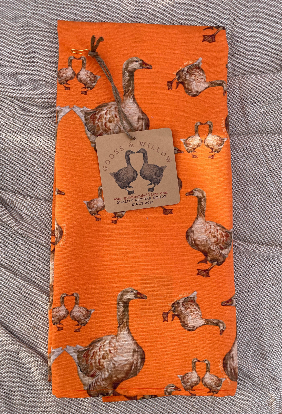 Tea Towel - Wild Geese on Orange Linen Cotton