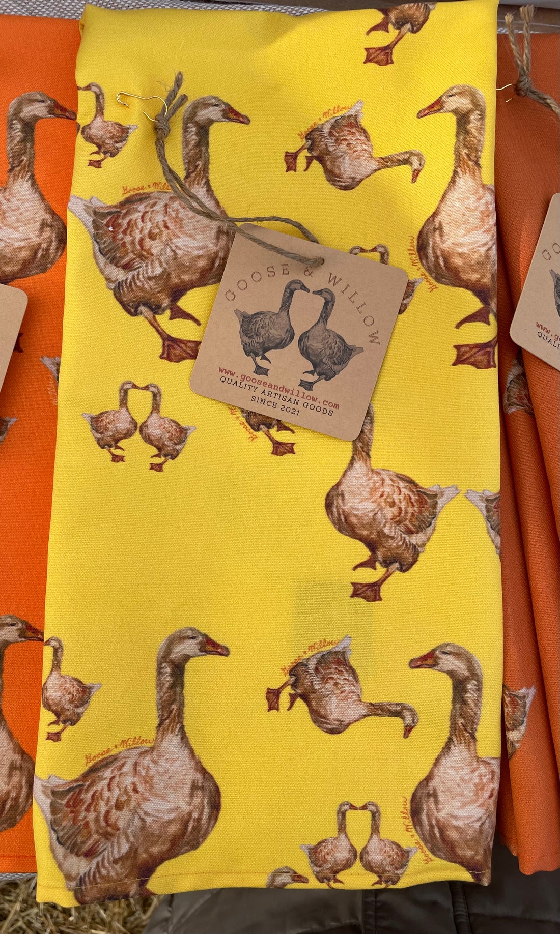 Tea Towel - Wild Geese on Yellow Linen Cotton