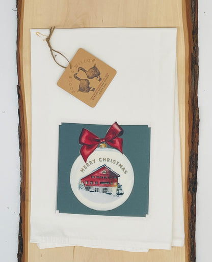 Dish Towel - Barn Merry Christmas on Gray on Flour Sack