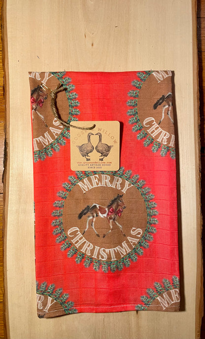 Tea Towel - Merry Christmas Pony on Organic Cotton