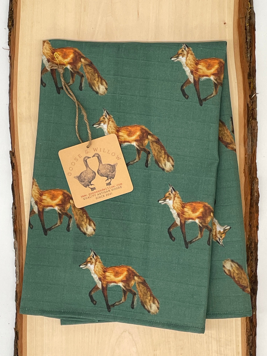 Tea Towel - Fox on Green Organic Cotton