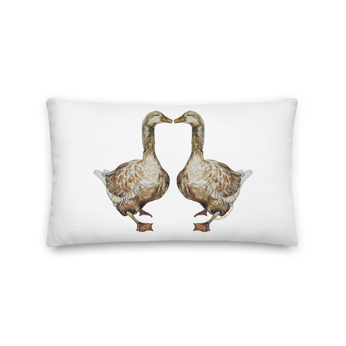 Throw Pillow - Kissing Geese on White Linen Cotton Lumbar