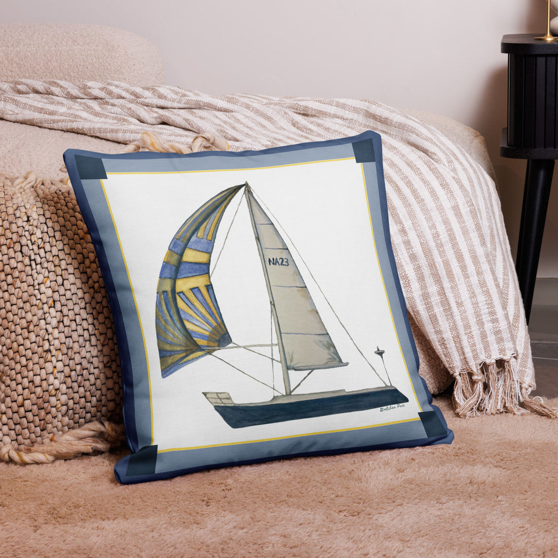 Throw Pillow - Sailboat with Blue Frame
